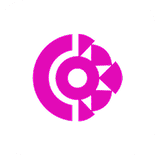 Abstract magenta logo featuring a stylized C, central circle, and radiating triangular elements.