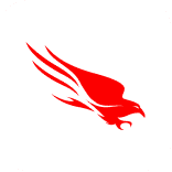 Stylized red eagle with outstretched wings and talons in flight on a white background.