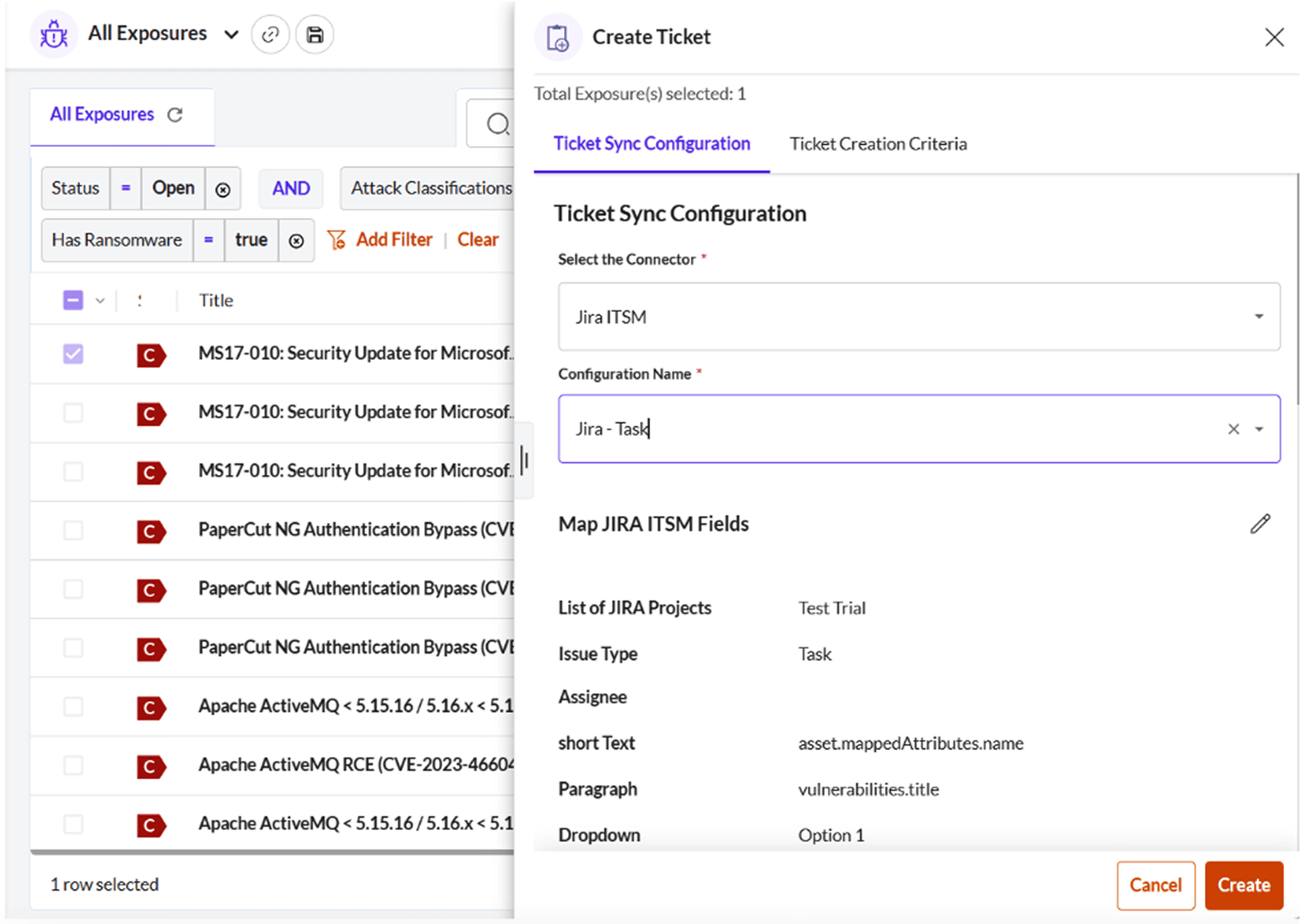 Software interface displaying a 'Create Ticket' modal for Jira/ITSM ticket synchronization setup.