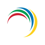 Abstract logo with red, green, blue, and yellow curved lines creating a dynamic swirl.